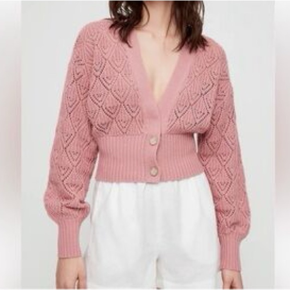 ARITZIA Wilfred Dusty Pink V-Neck Textured Knit Crop Cardigan Quiet Luxury XS